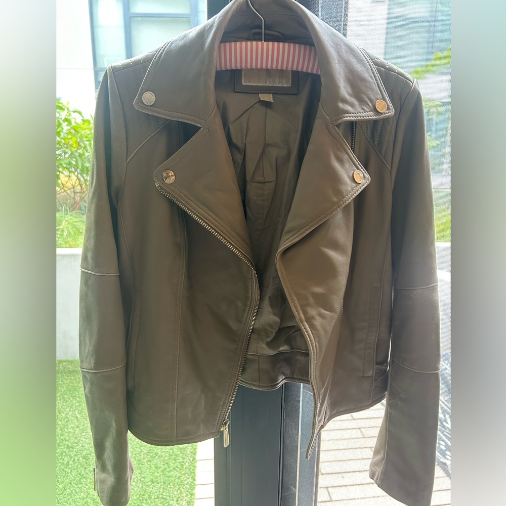 Michael Kors 100% Leather Moto Taupe Jacket Size Small